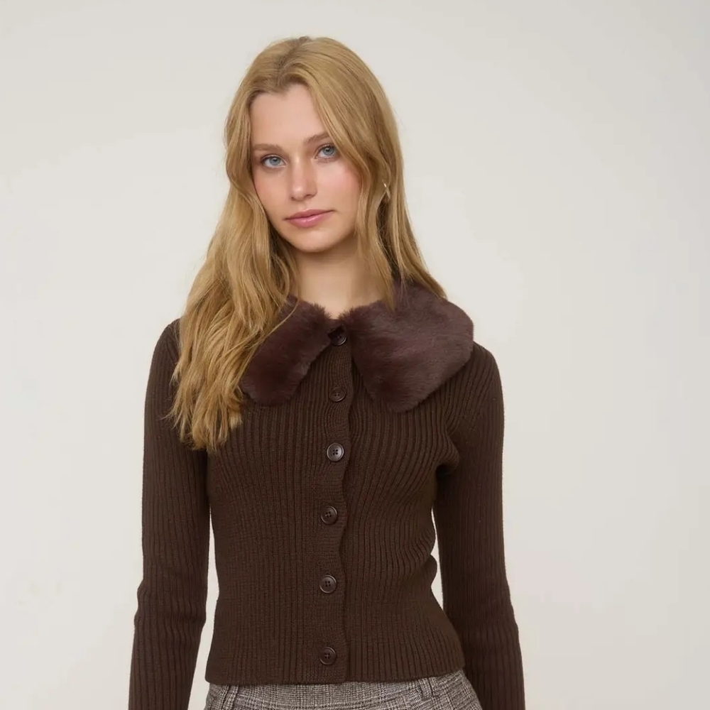 Faux Fur Collar Button Down Sweater Knit Cardigan